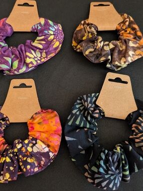 Hand Crafted Set Of 4 Multicolor Batik Scrunchies